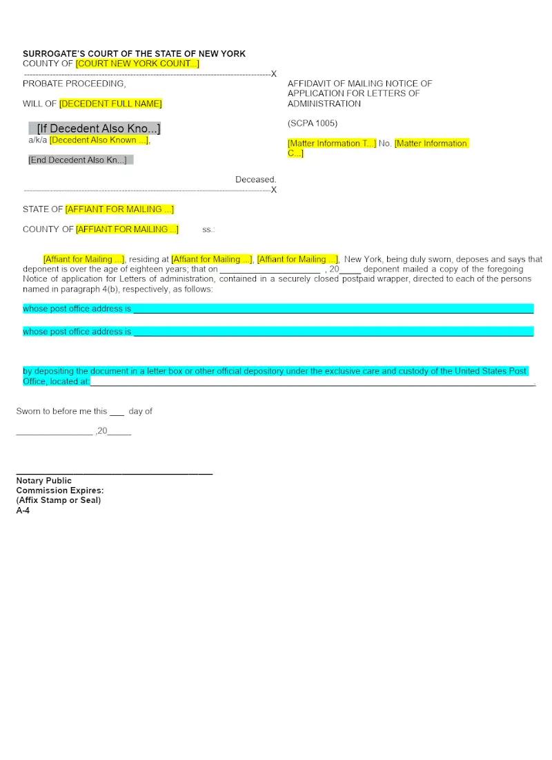 Affidavit of Mailing Notice of Application for Letters of Administration (Form A-4)