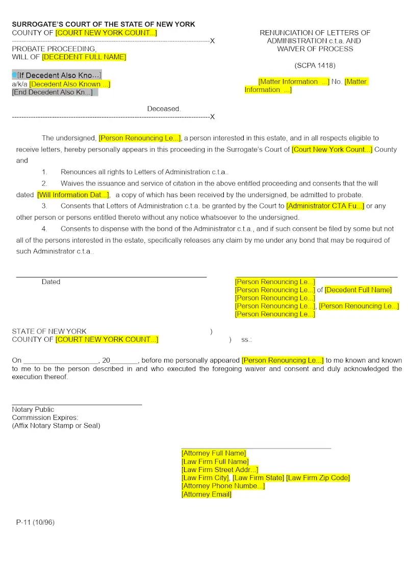 Renunciation of Letters of Administration c.t.a. and Waiver of Process (Form P-11)