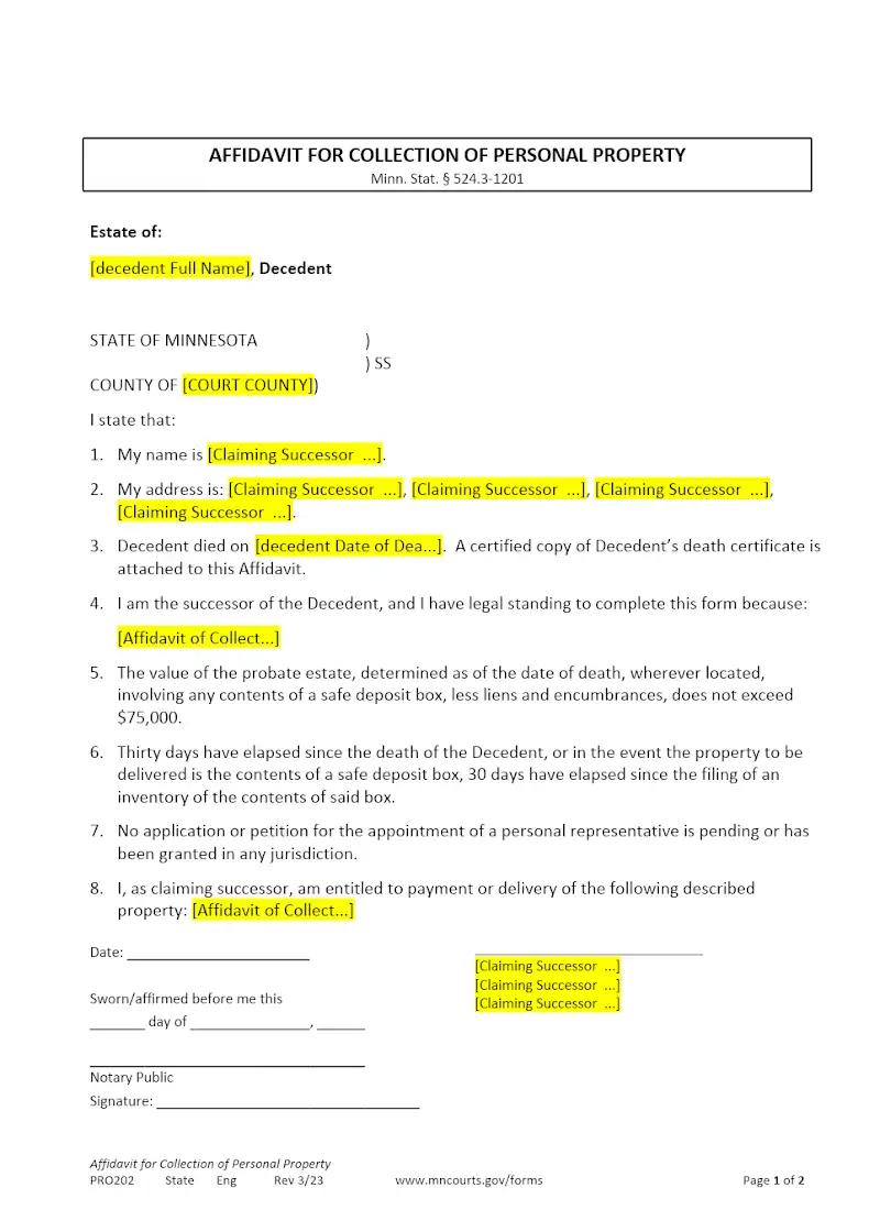 Affidavit of Collection of Personal Property (PBT 202)
