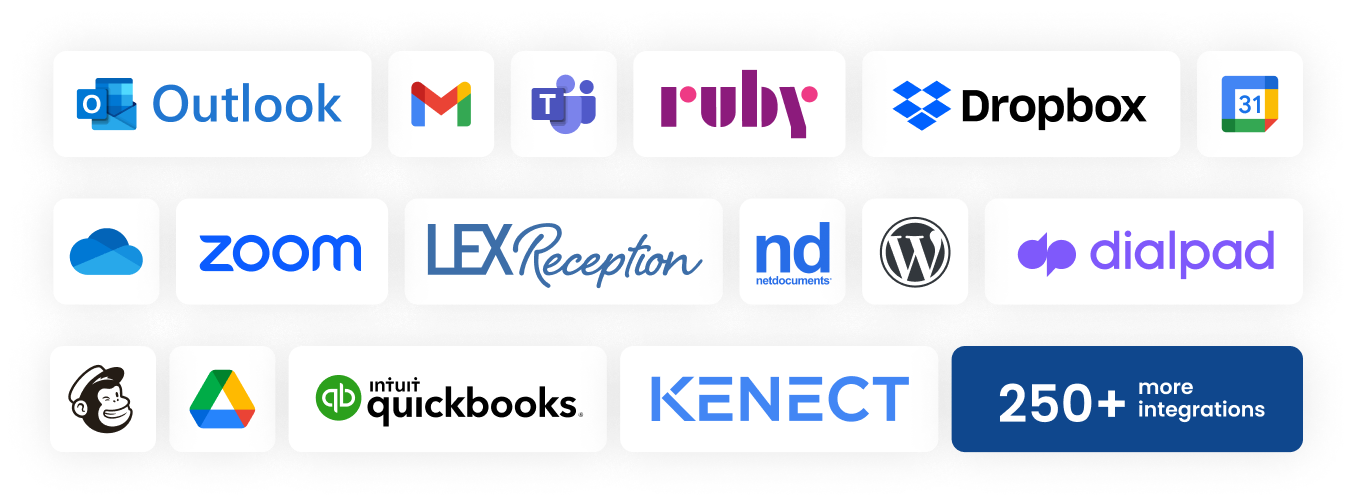 Logos for Outlook, Gmail, Zoom, Dropbox, QuickBooks, and other applications, alongside text saying "250+ more integrations."
