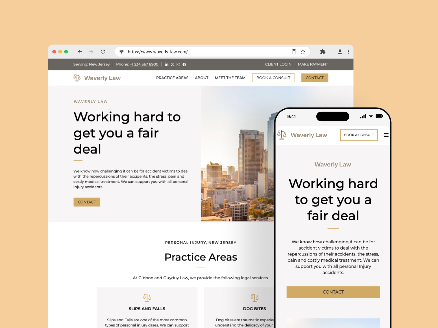 Waverly Law website displayed responsively on desktop and mobile, featuring a city skyline and the headline "Working hard to get you a fair deal."