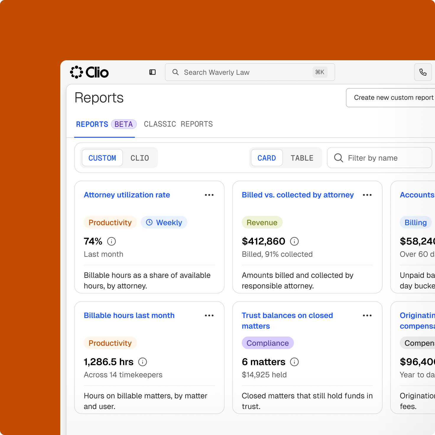 Clio legal software reports dashboard with cards displaying metrics like attorney utilization and revenue.