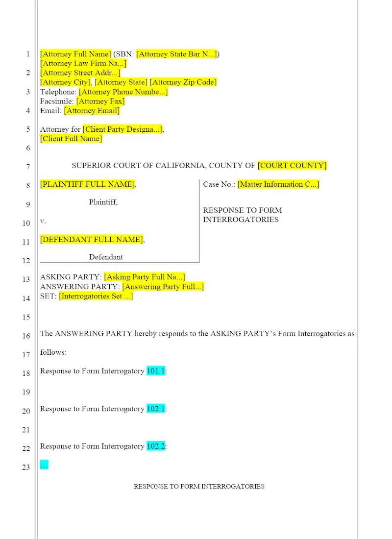 Response to Form Interrogatories