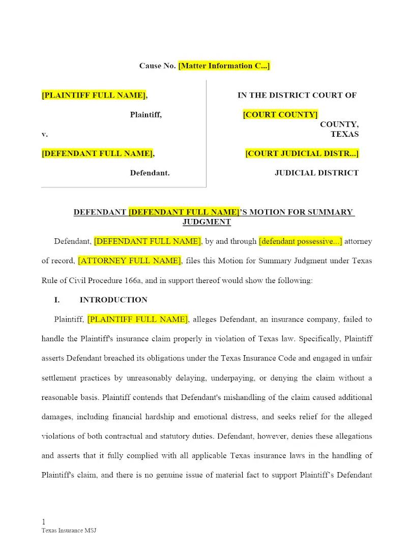 Motion for Summary Judgment - Insurance Defense