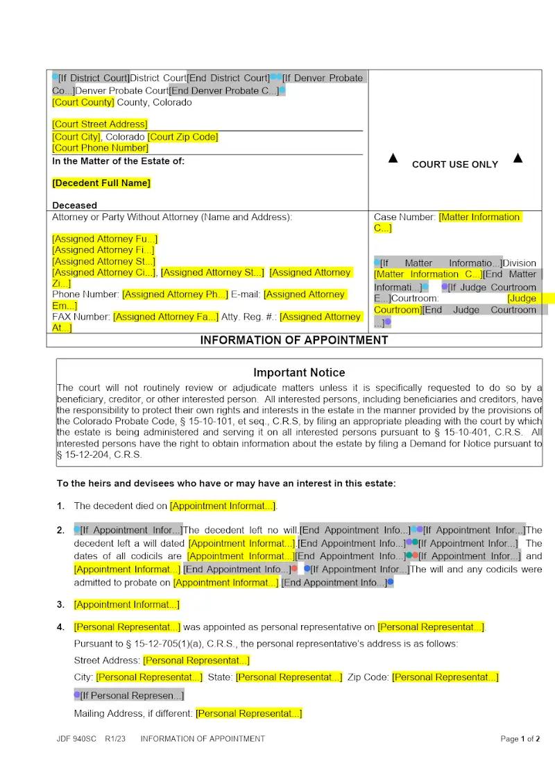 Information of Appointment (JDF 940)