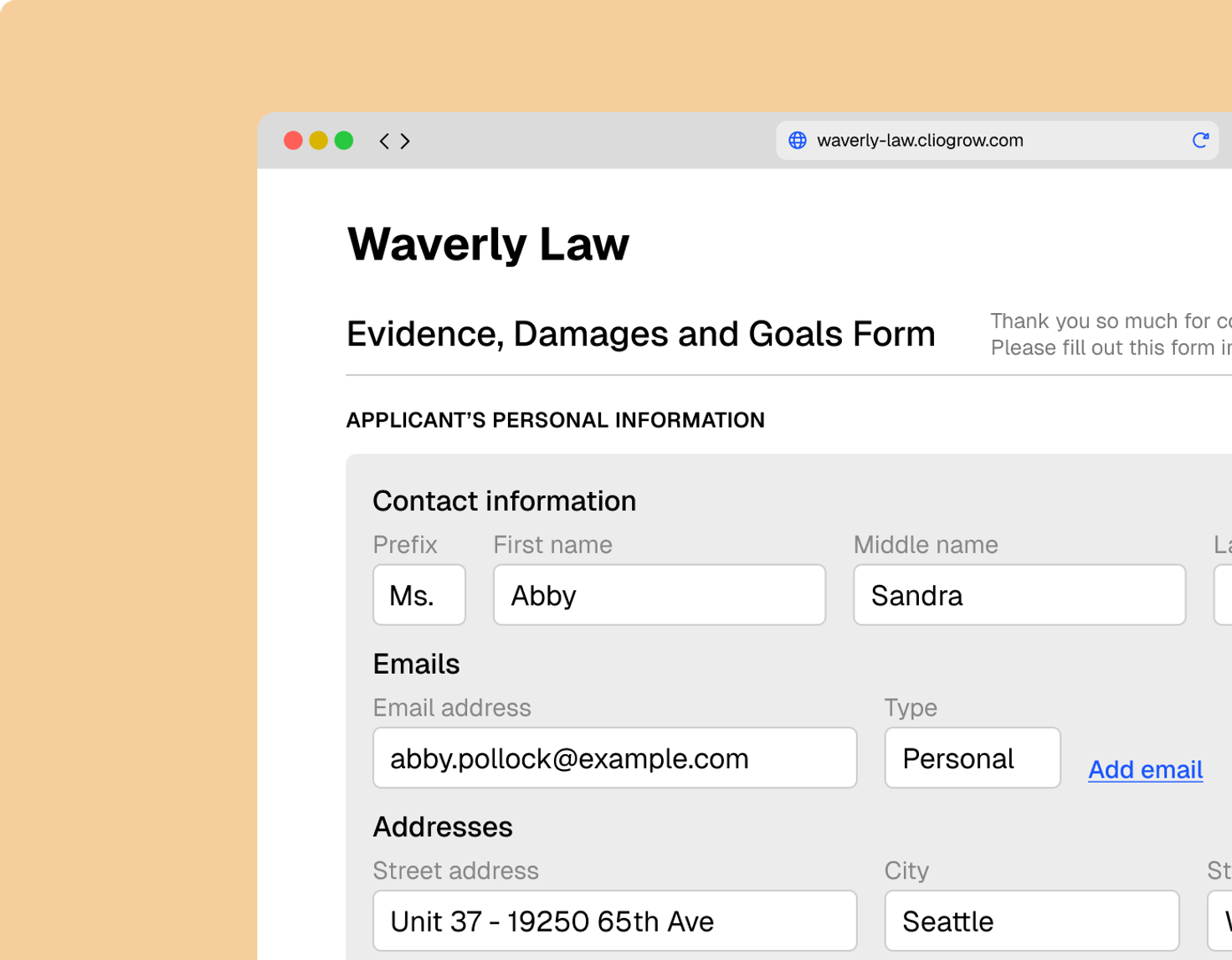 A digital form for 'Waverly Law' titled 'Evidence, Damages and Goals Form,' showing partially filled contact and address details.