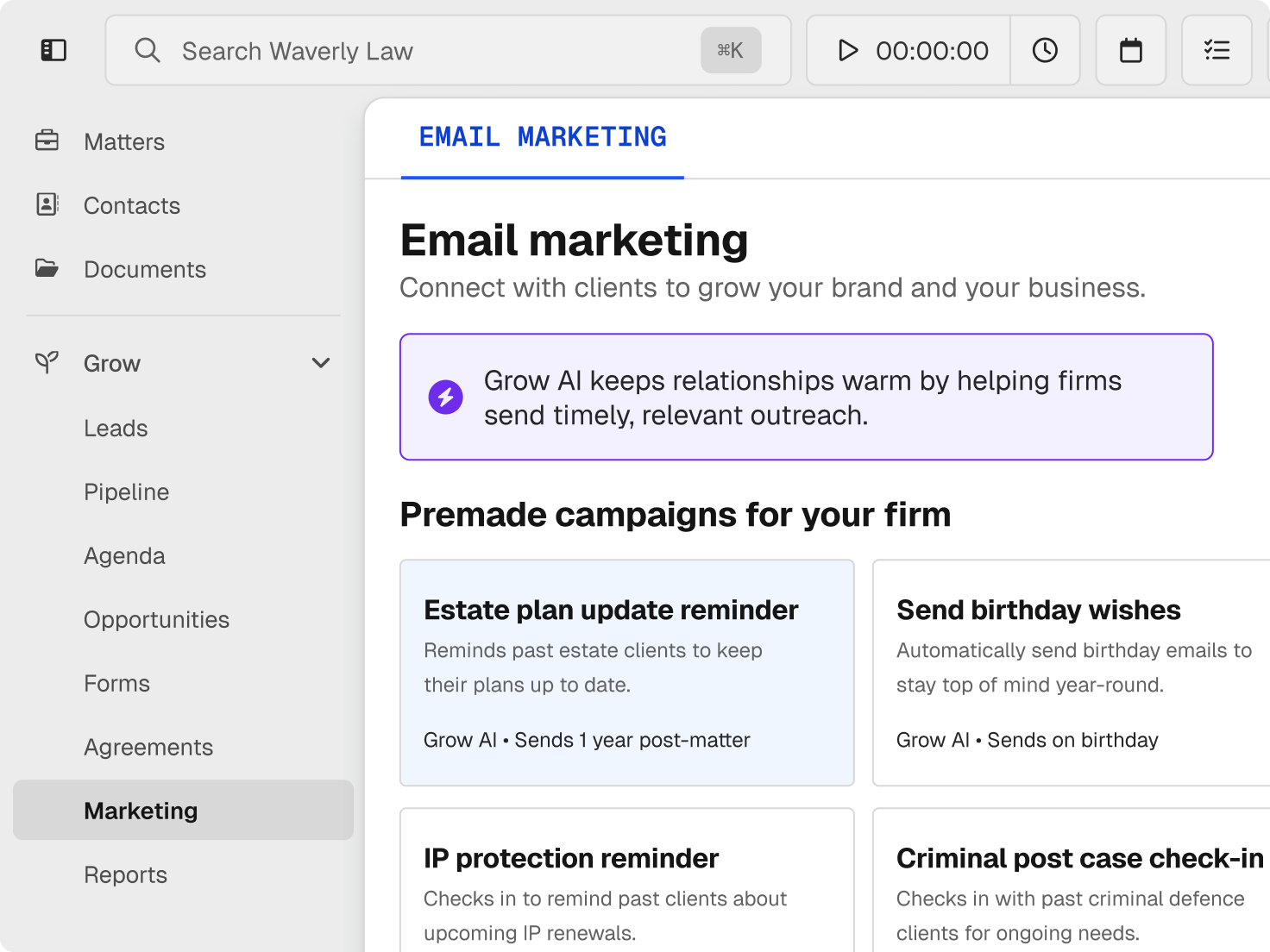 A law practice software's 'Marketing' section, featuring AI-powered email campaigns for client outreach like 'Estate plan update reminder'.