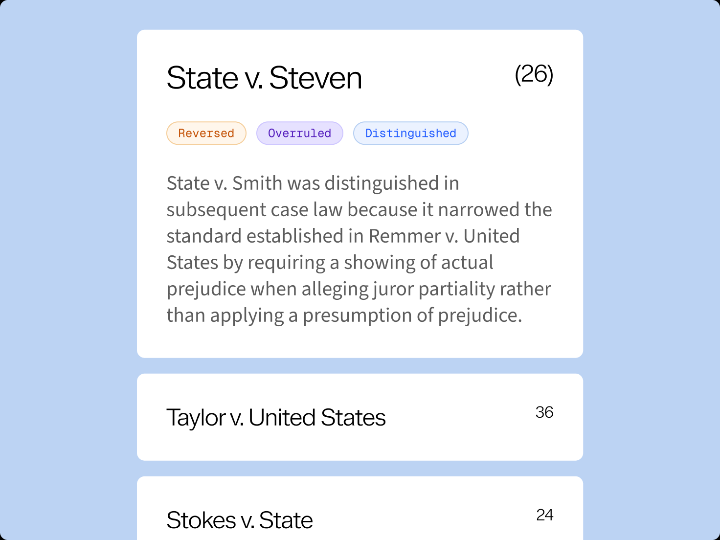 Clio Library case results for State v. Steven tagged reversed, overruled and distinguished, with a summary of how later courts treated it.