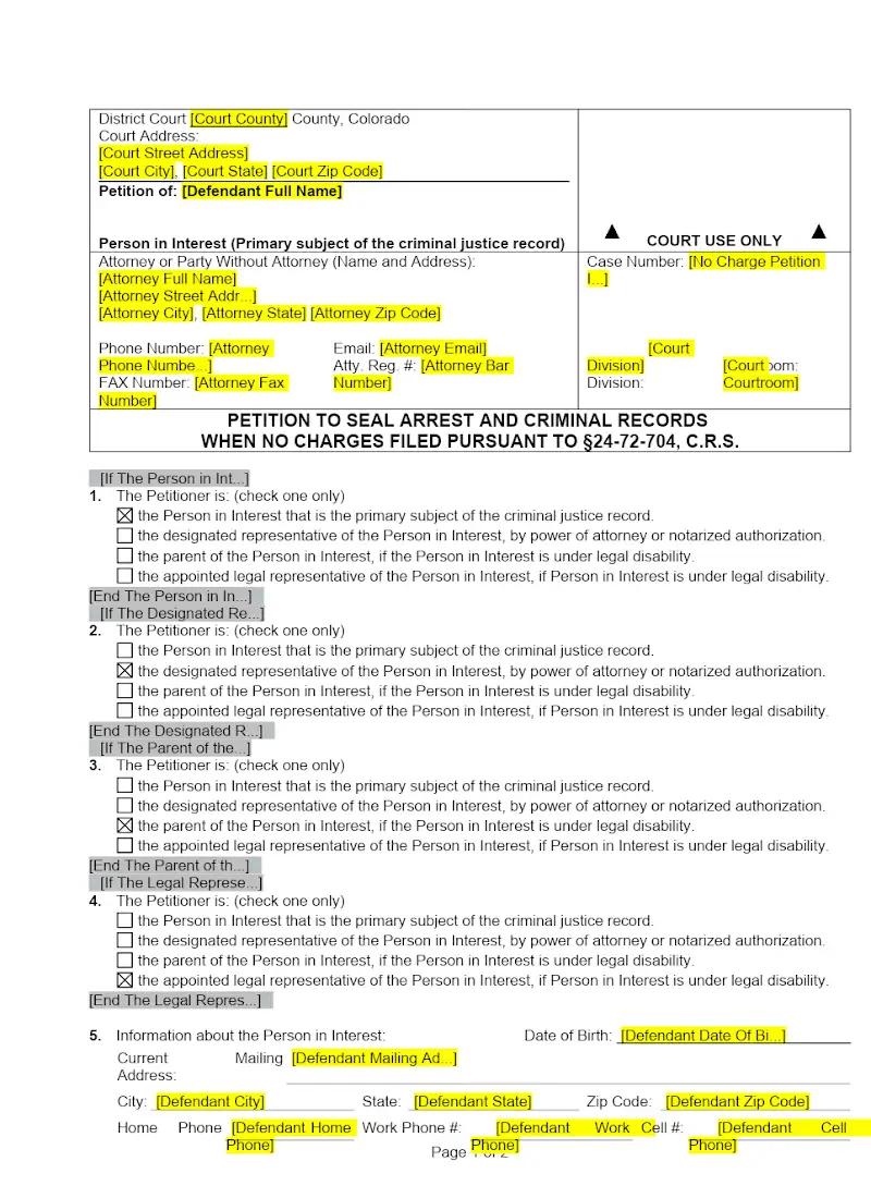 Petition to Seal Arrest and Criminal Records - no charges filed (JDF 417)