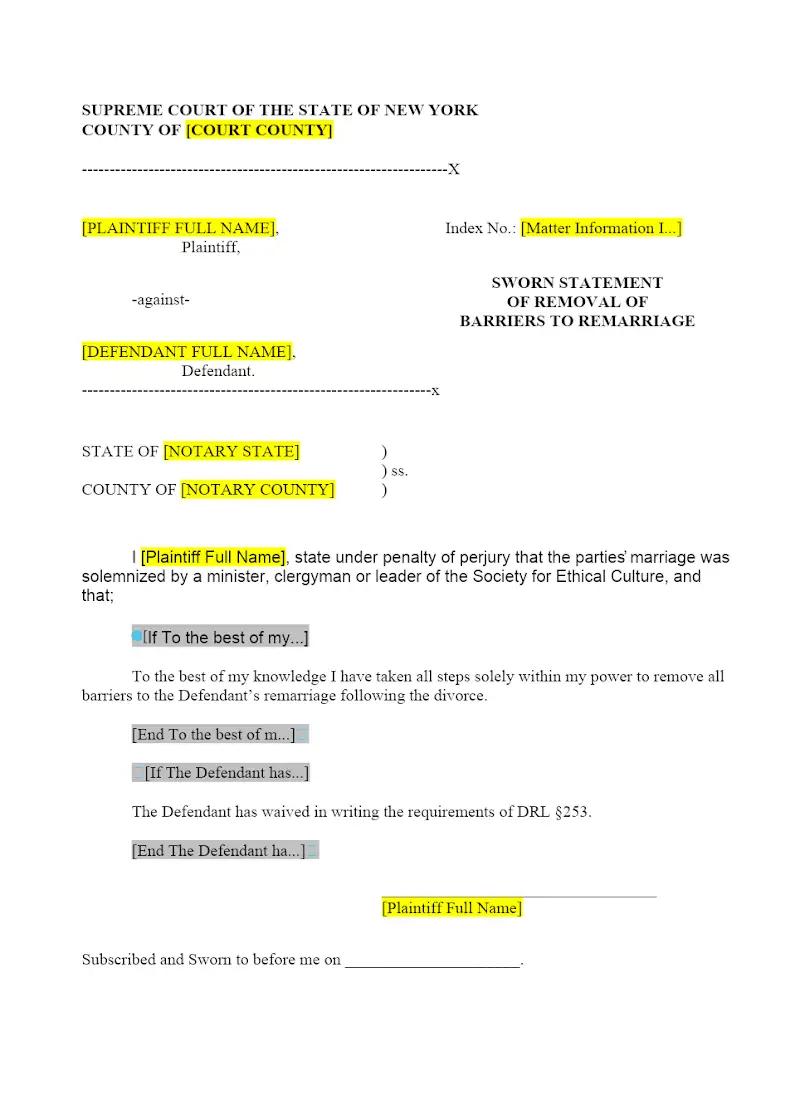 Sworn Statement to Removal of Barriers to Remarriage (UD-4)