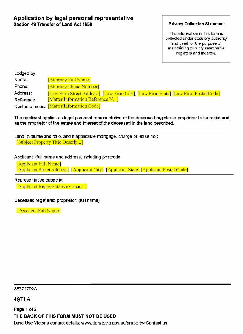 Application by Legal Personal Representative (49TLA)