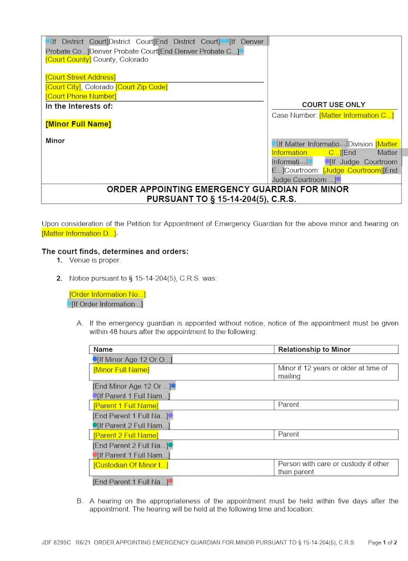 Order Appointing Emergency Guardian, Minor (JDF 829SC)