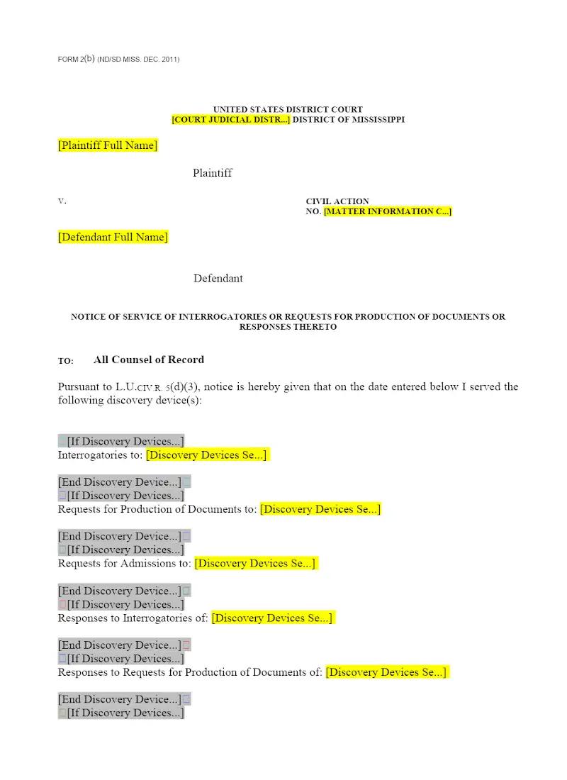 USDC Notice of Service of Discovery Requests (Form 2b)
