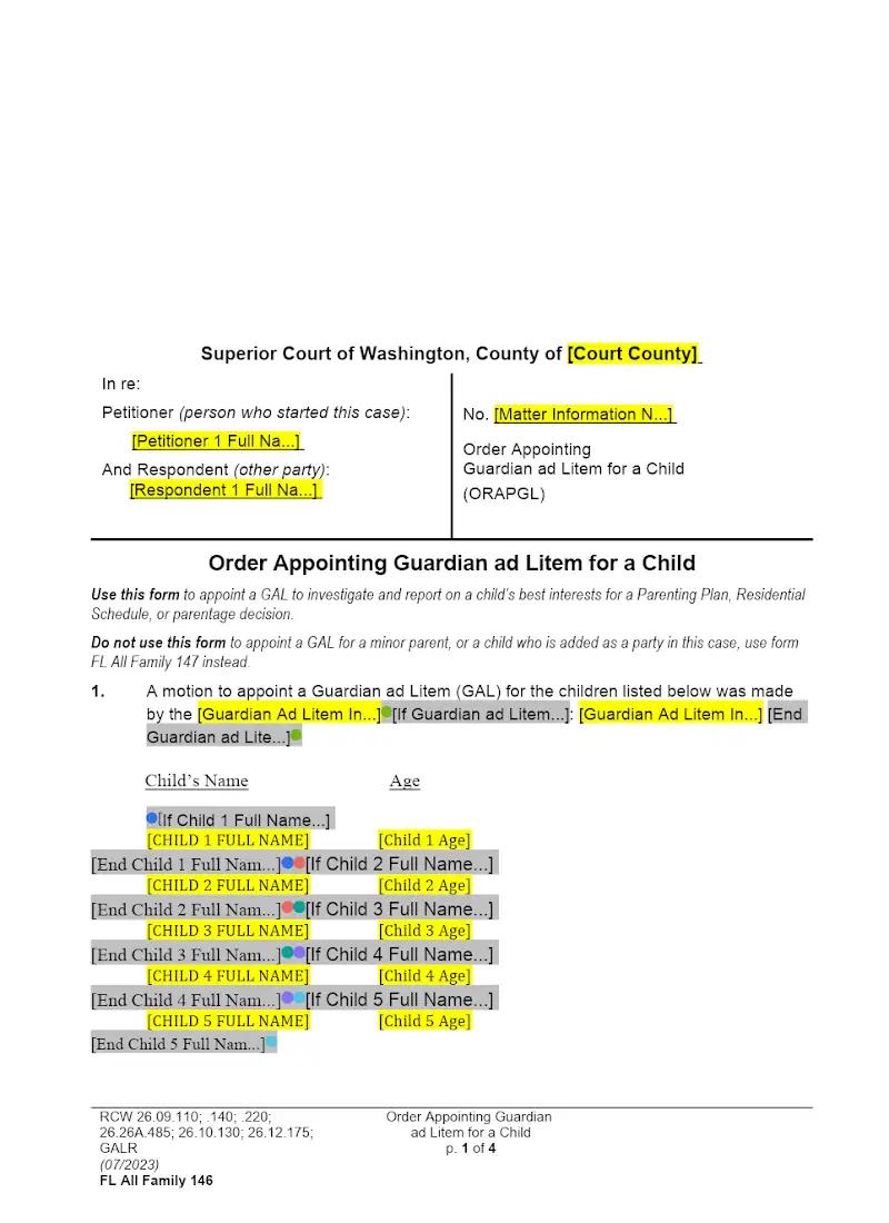 Order Appointing Guardian ad Litem for a Child (Form FAM 146)