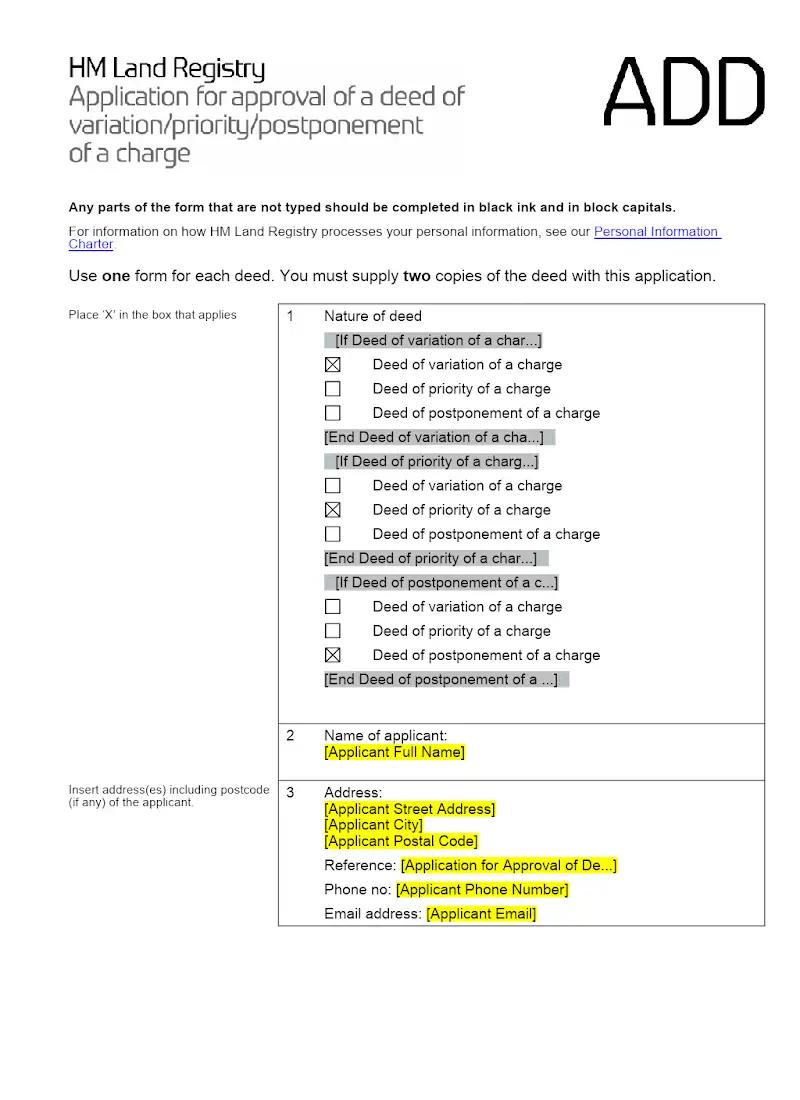 Application for Approval of Deed of Variation Priority Postponement of Charge (Form ADD)