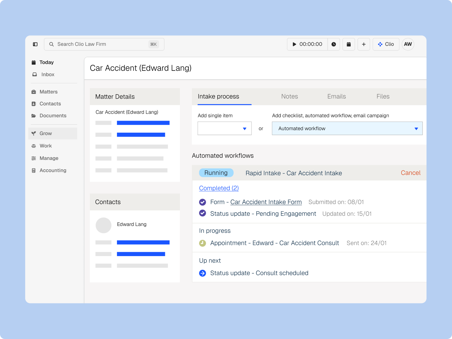 Clio matter view for a car accident case with a running automated intake workflow and its completed steps.