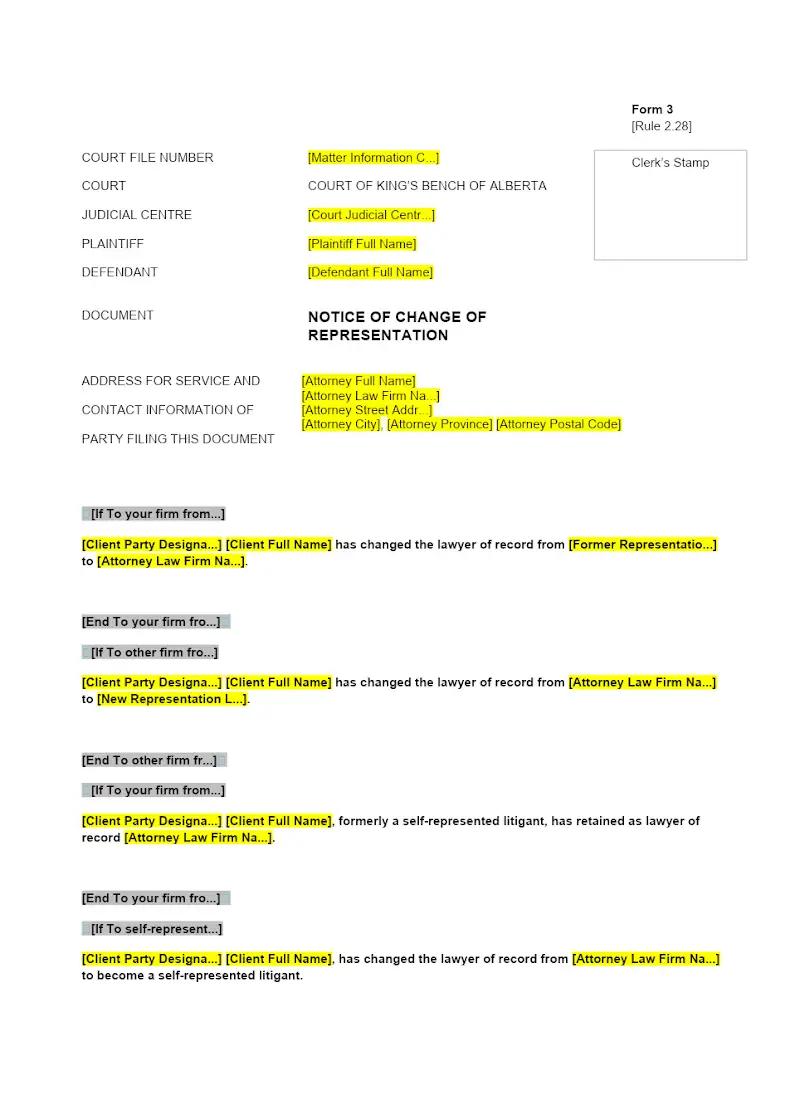 Notice of Change of Representation (Form 3)