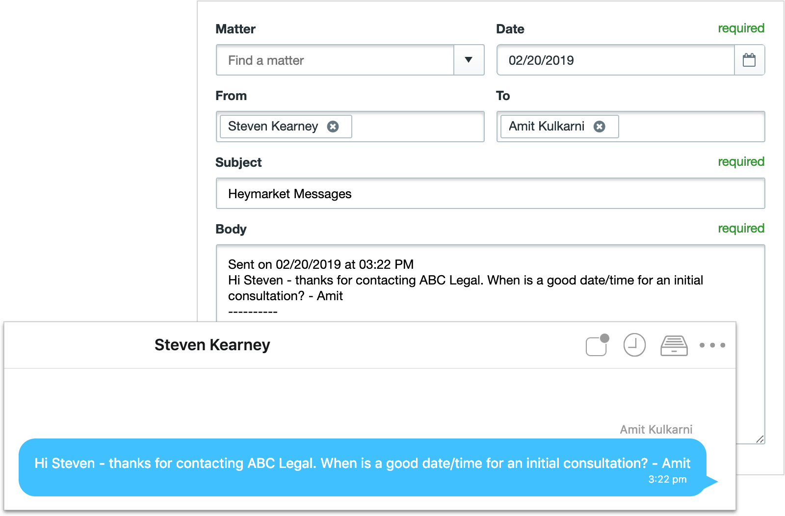 Heymarket-Clio Integration Screenshot