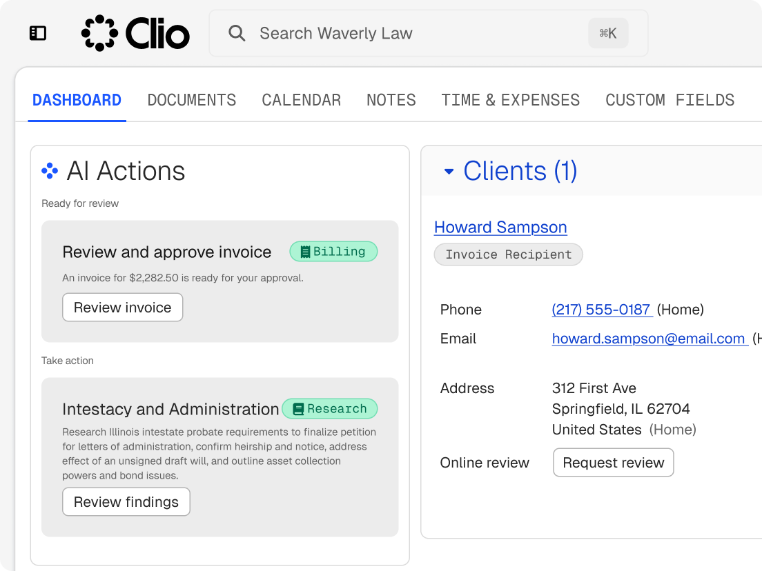 Clio legal software dashboard displaying AI actions for billing and research, alongside client contact details.