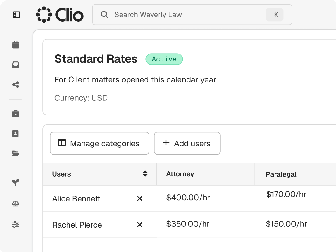 Clio legal software interface showing 2026 Standard Rates with a table of hourly rates: Alice Bennett ($400/hr attorney, $170/hr paralegal) and Rachel Pierce ($350/hr attorney, $150/hr paralegal).