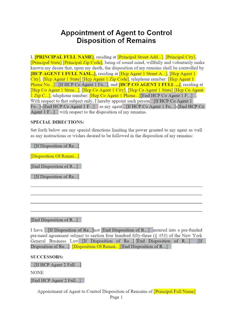 Appointment of Agent to Control Disposition of Remains