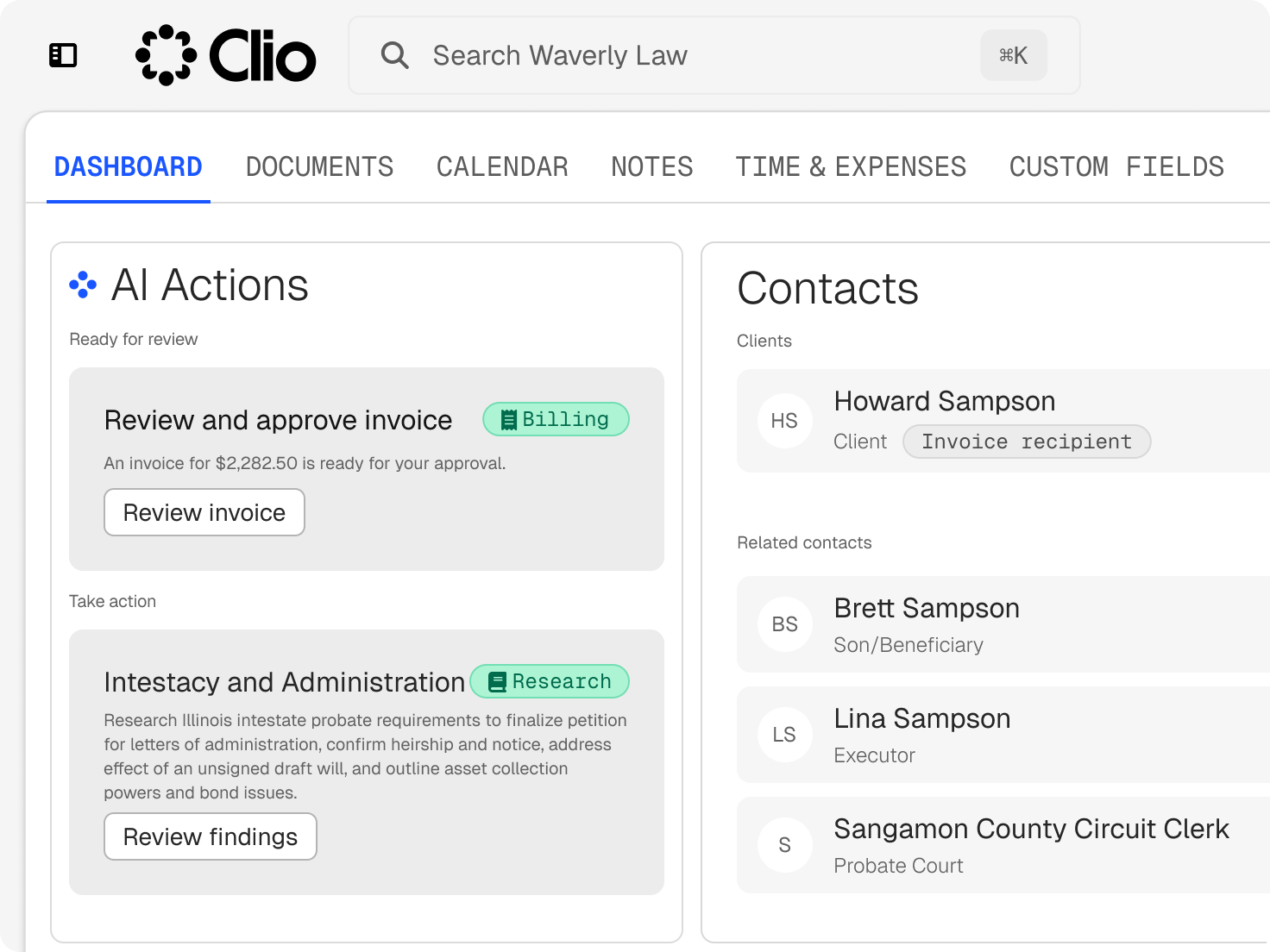 Clio dashboard displaying AI actions for task management like invoice approval and legal research, next to a contacts list.