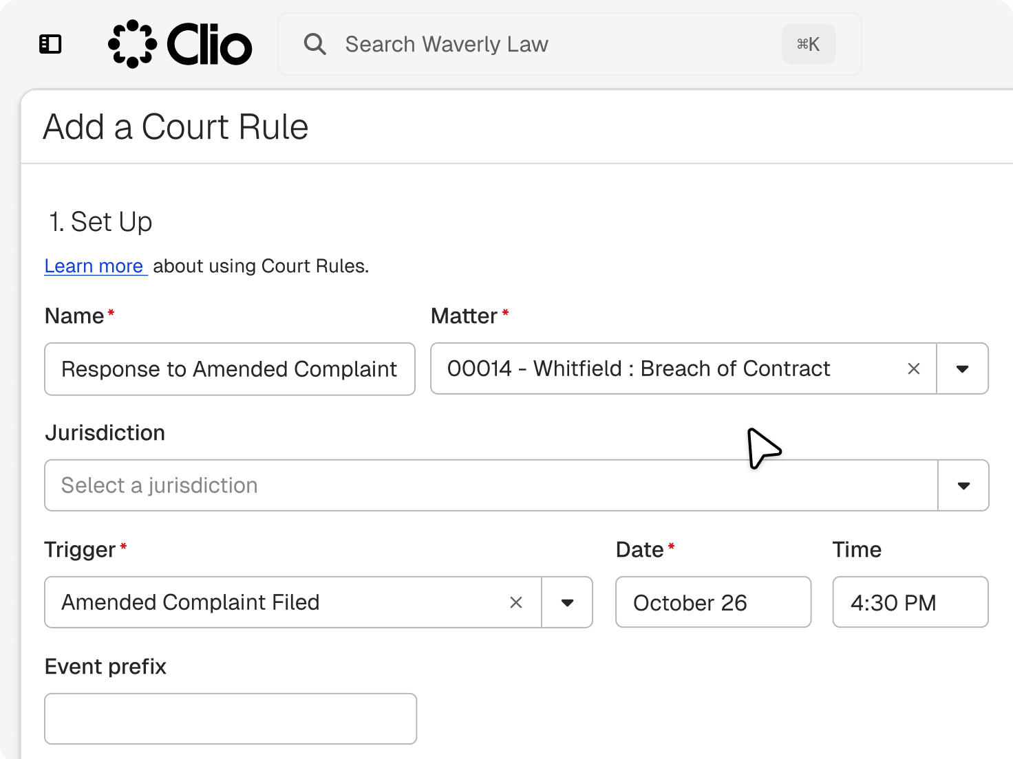 Clio court rules form setting deadlines from an amended complaint on a breach of contract matter