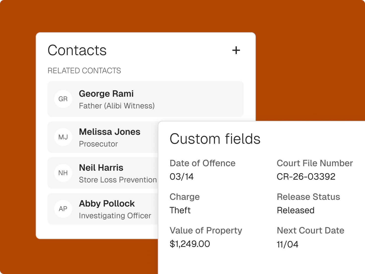 Software interface displaying case management details with related contacts and custom fields like "Charge: Theft" and "Court File Number."