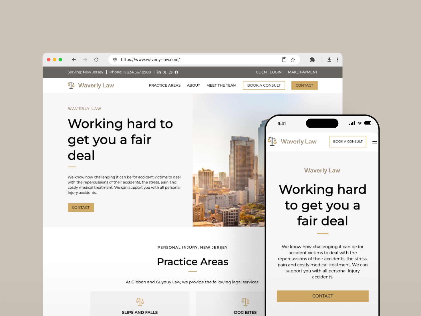 Waverly Law website displayed on a desktop browser and mobile phone, featuring the headline "Working hard to get you a fair deal."