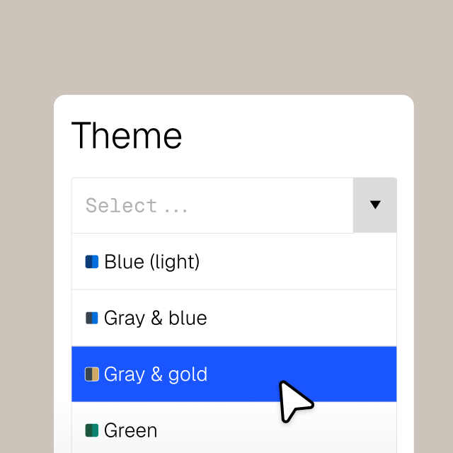 Theme dropdown menu with "Gray & gold" highlighted and a mouse cursor pointing to it.