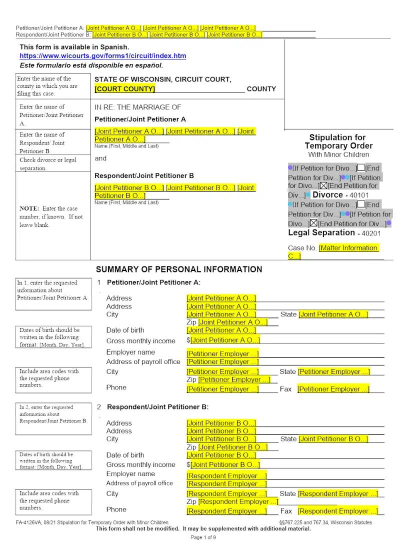 Stipulation for Temporary Order, Minor Children (FA-4126V)