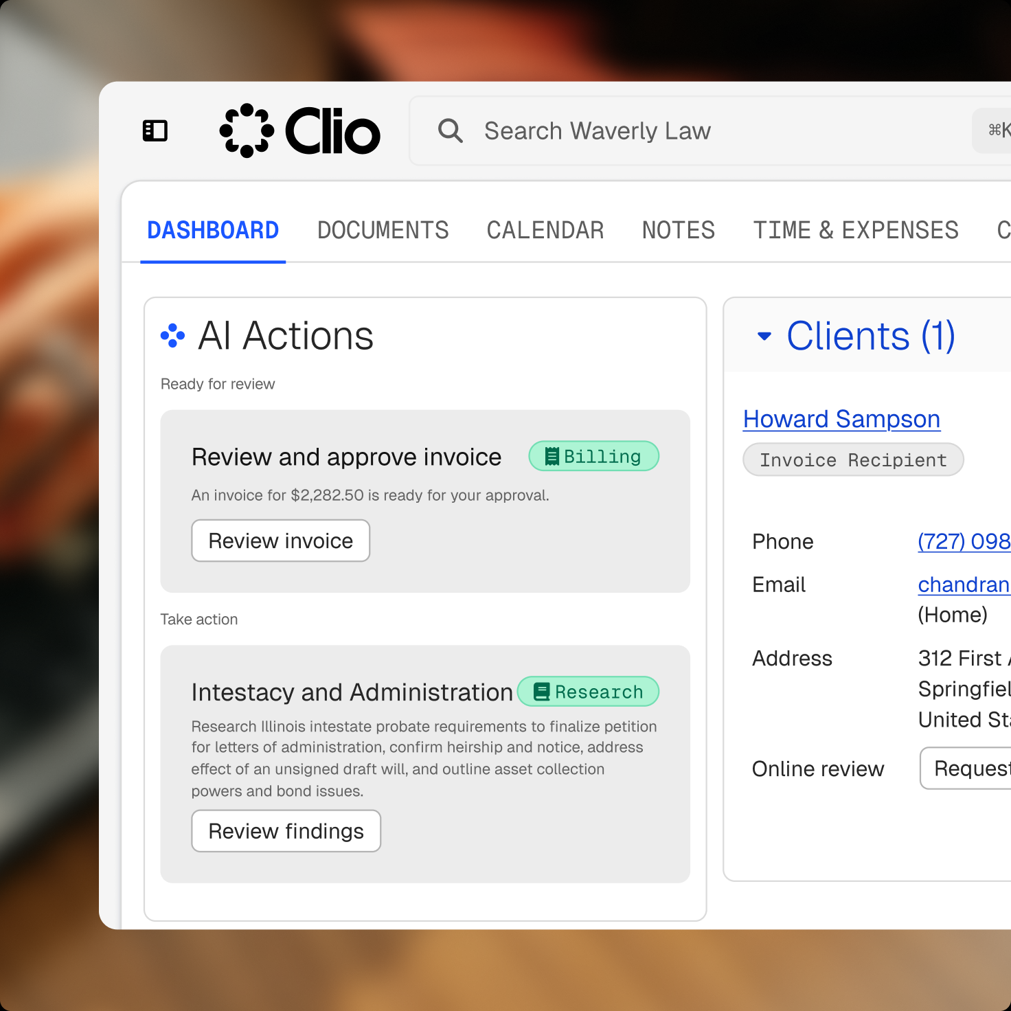 Clio dashboard showing AI Actions with an invoice ready for review and a research task, next to client details.