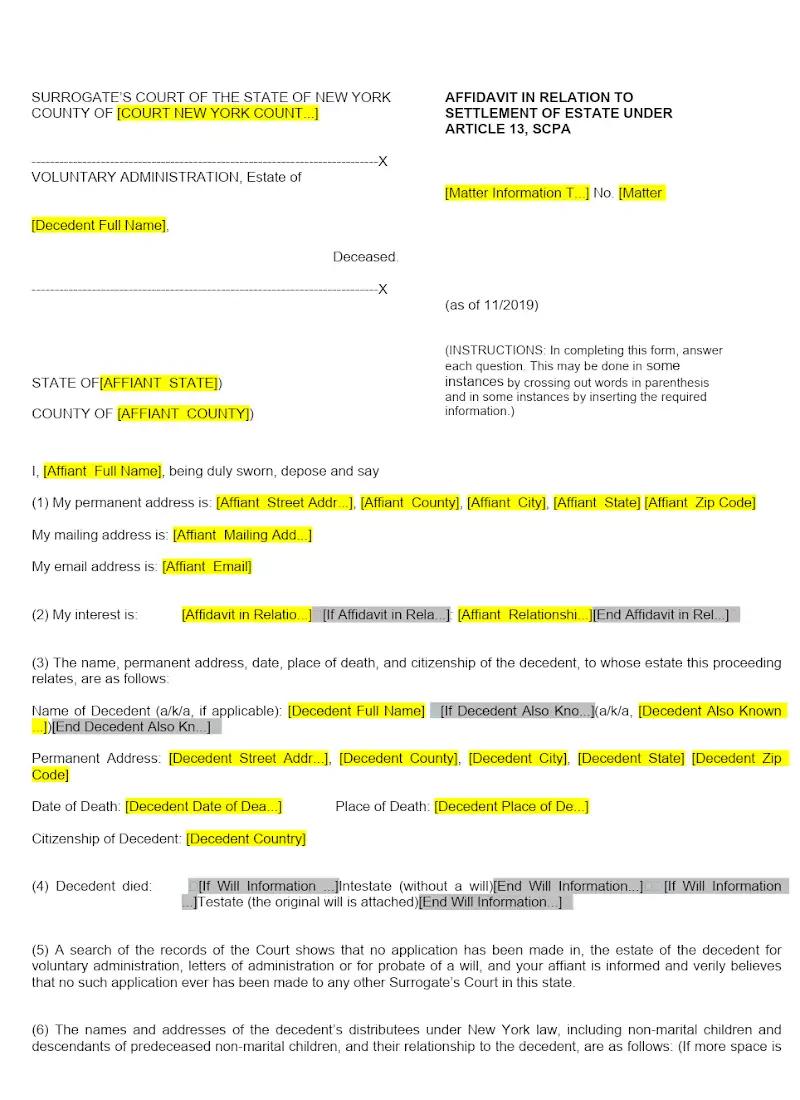 Affidavit in Relation to Settlement of Estate Under Article 13
