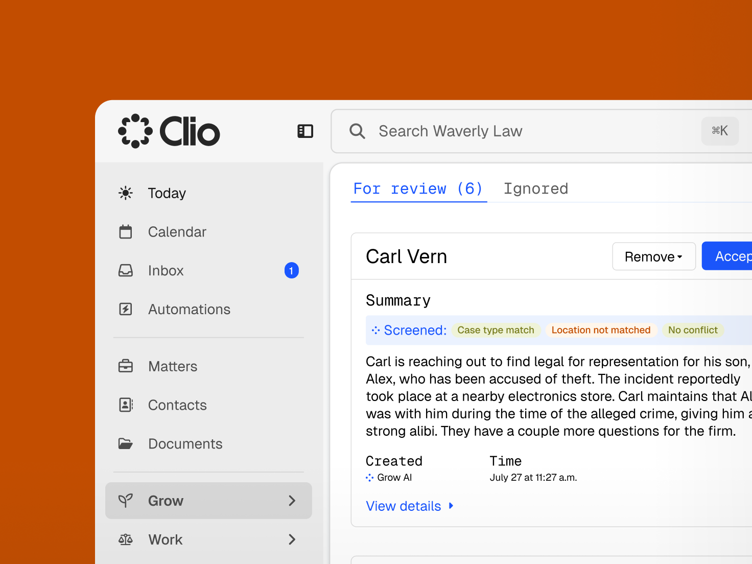 Clio legal software interface showing a new client lead for Carl Vern with details of his son's theft case and options to accept or remove.