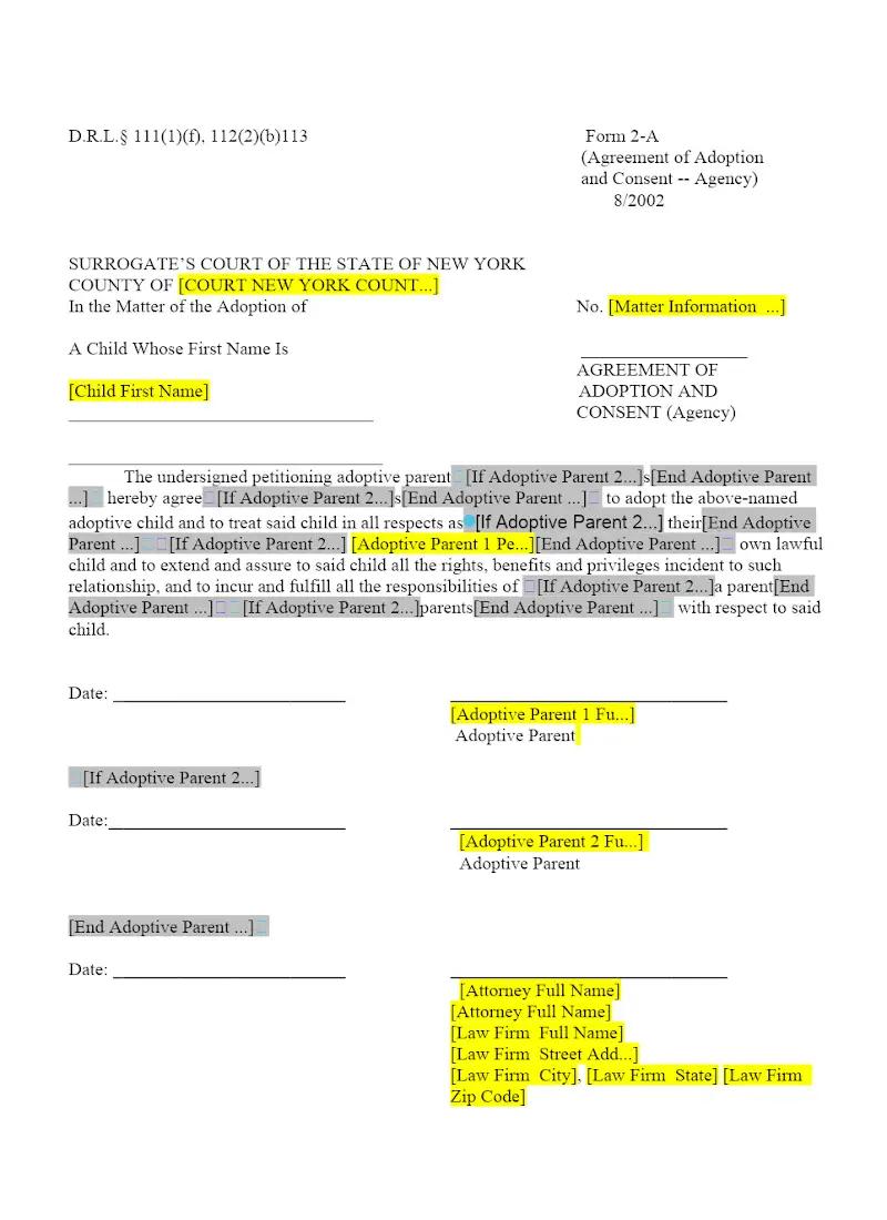 Agreement of Adoption & Consent (Agency) (2-A)