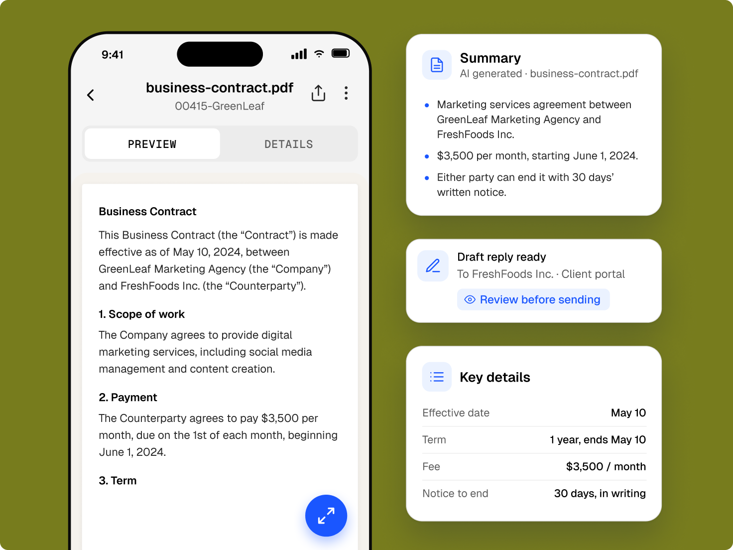 A mobile app displays a business contract with AI-generated summaries and key terms.