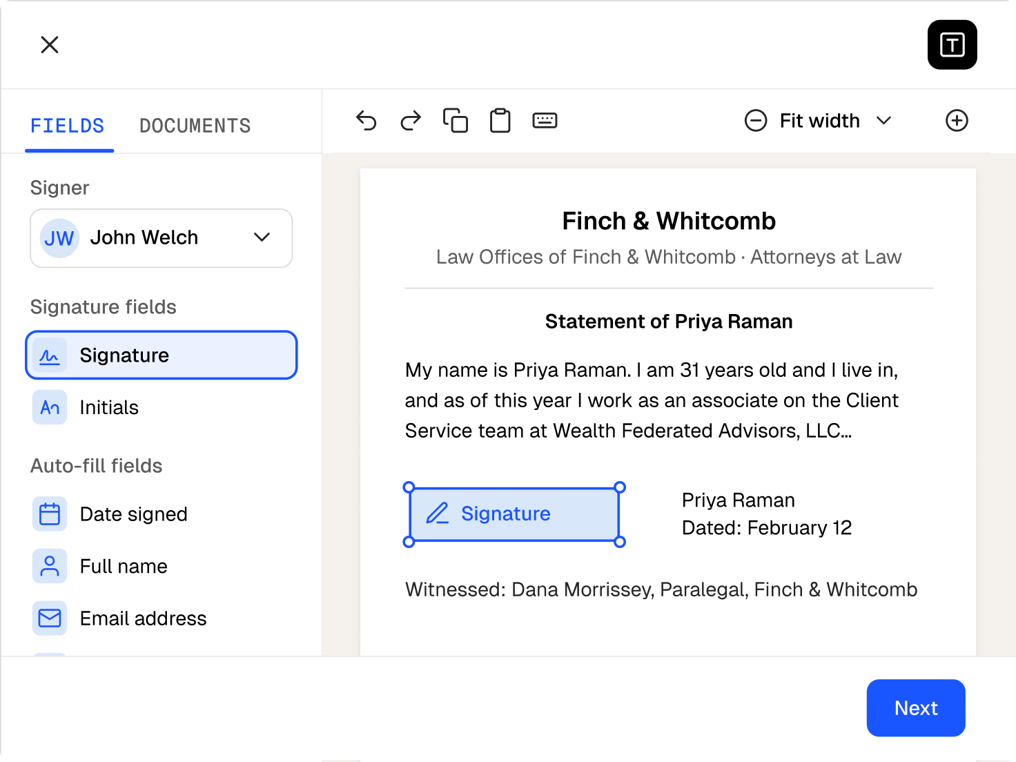 Digital document signing interface with a signature field being added to a document.
