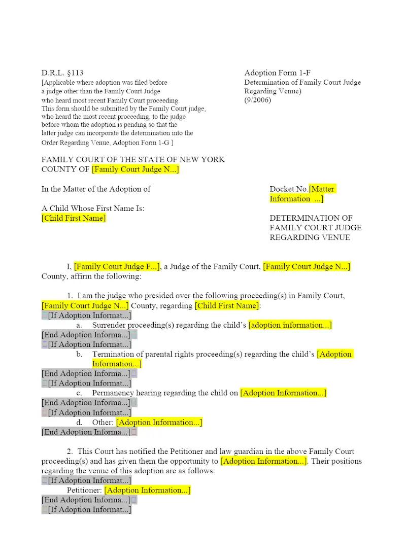Determination of Family Court Judge Regarding Venue (1-F)