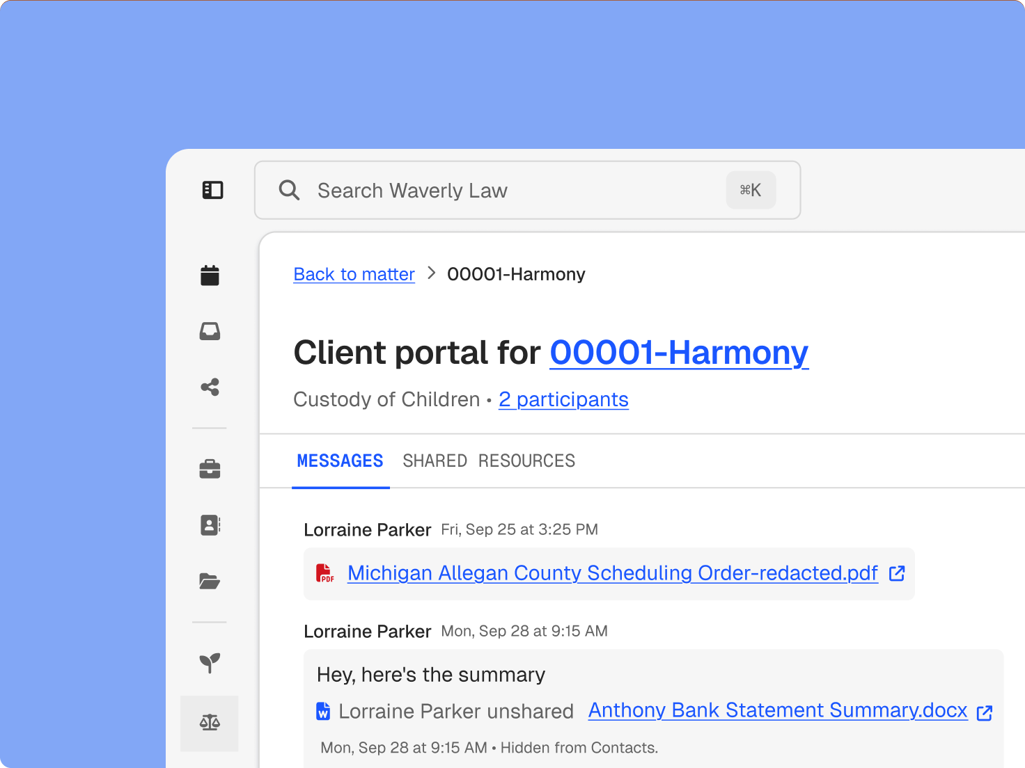 Screenshot of a legal client portal interface displaying messages and attached documents for the 00001-Harmony case.