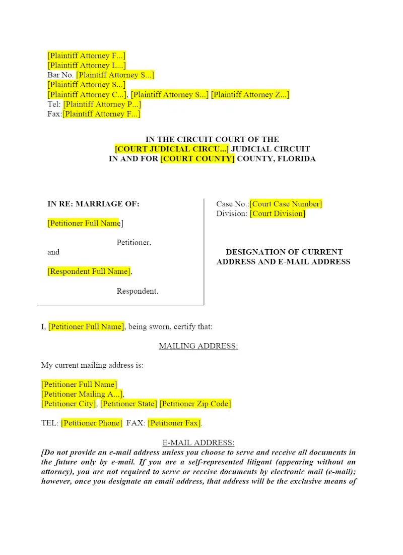 Designation of Current Address and Email Address
