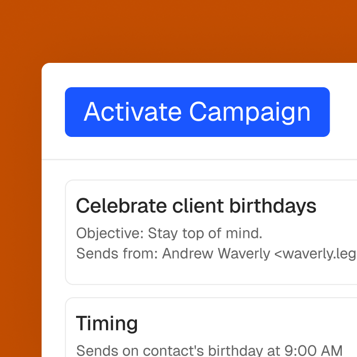 App interface showing an "Activate Campaign" button and details for a "Celebrate client birthdays" campaign.