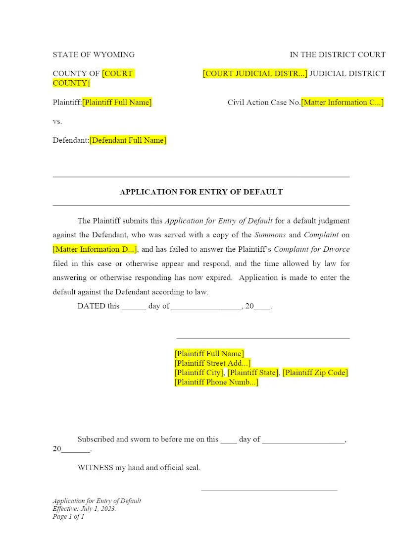 Application for Entry of Default (Form DWCP16)