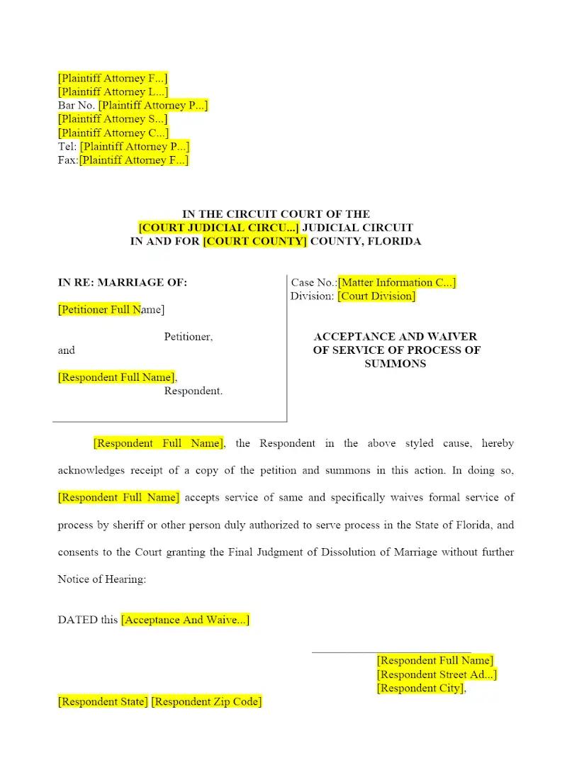Acceptance and waiver of service of process of summons