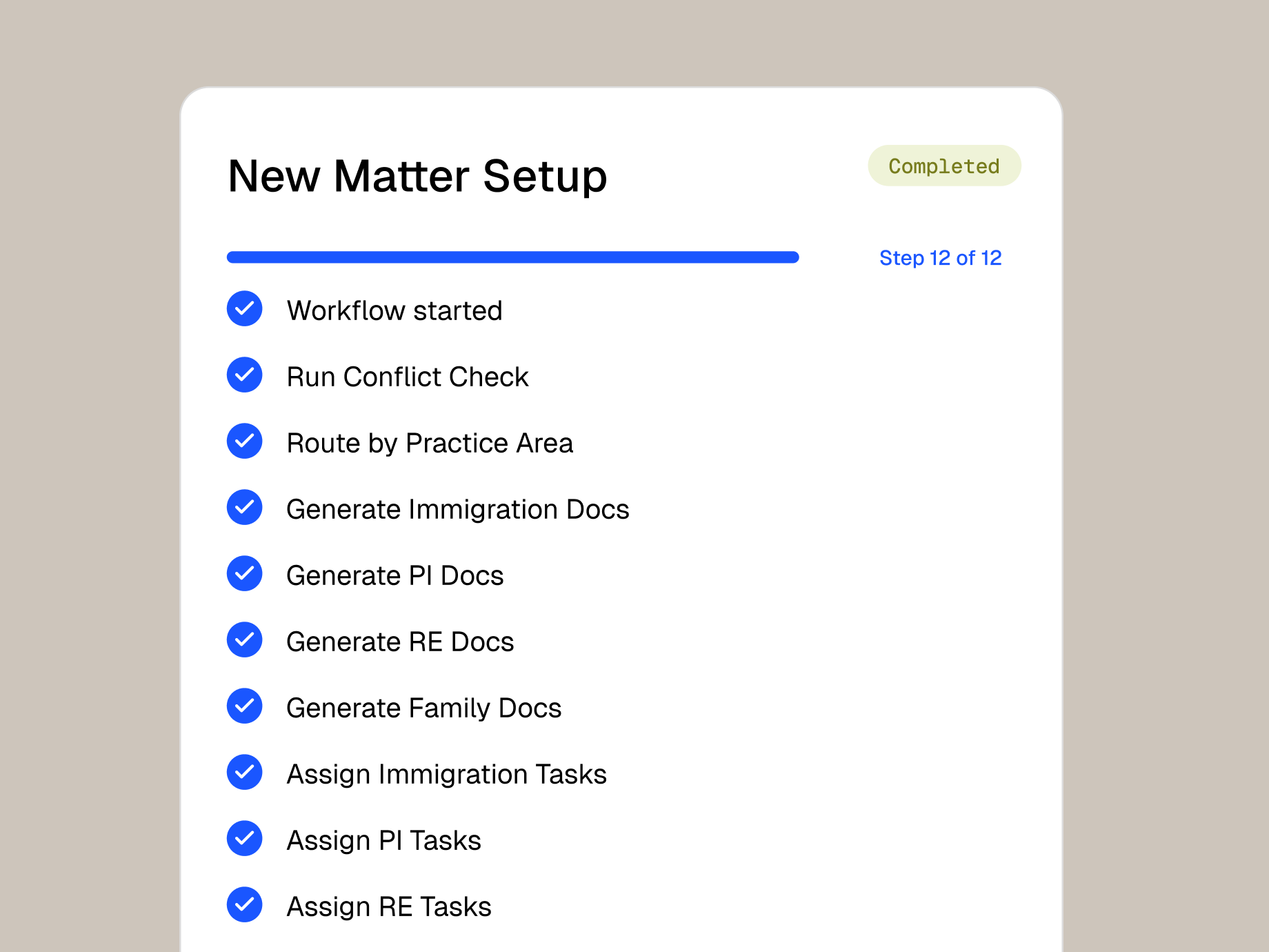 A "New Matter Setup" workflow is shown completed at step 12 of 12, with all tasks checked.
