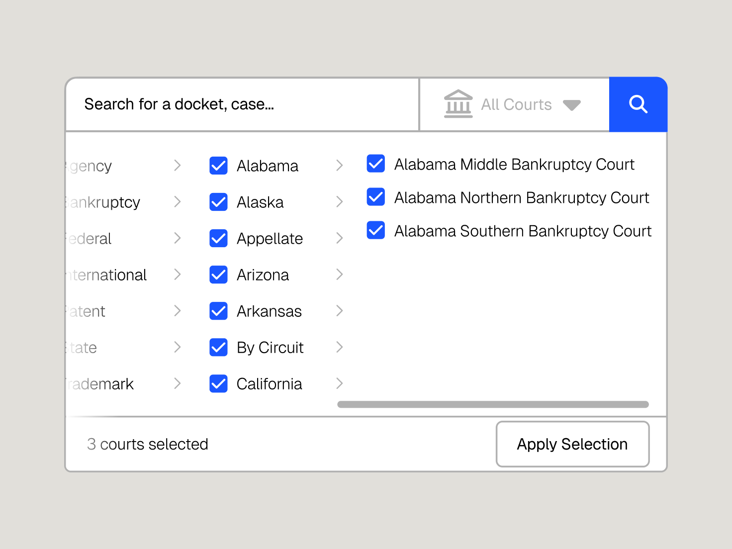 Court selection interface with checkboxes for states and court types, three Alabama Bankruptcy Courts checked, "3 courts selected", and an "Apply Selection" button.