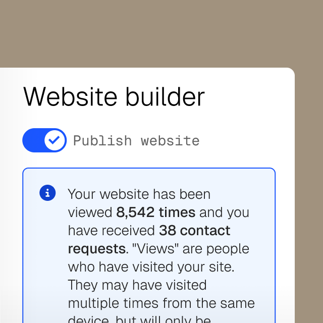 A website builder interface showing a published website with 8,542 views and 38 contact requests.