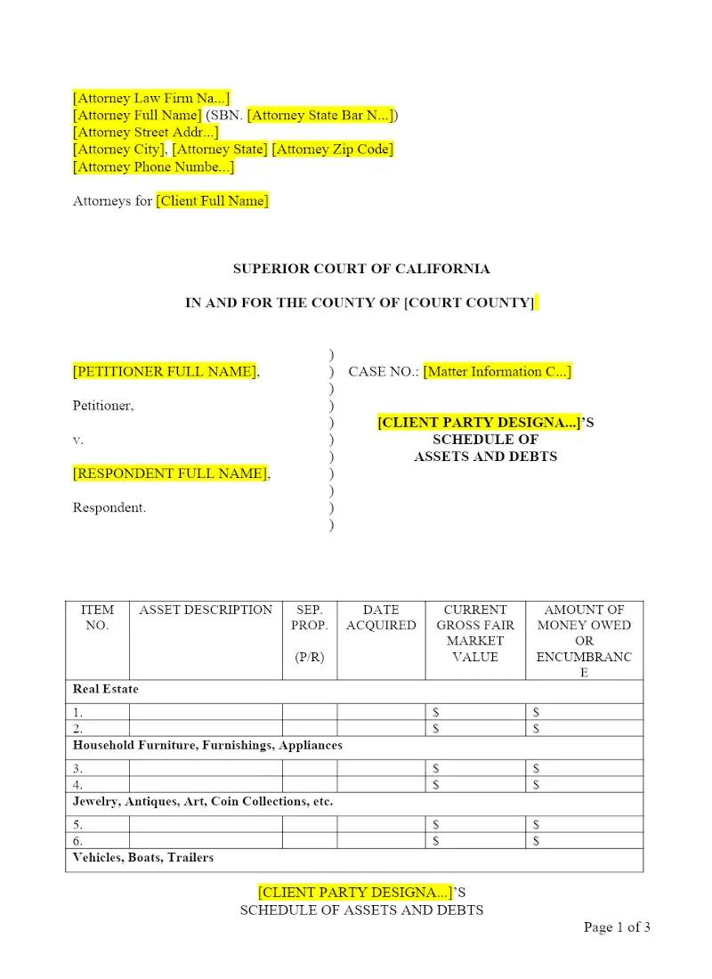 Schedule of Assets and Debts (FL-142)