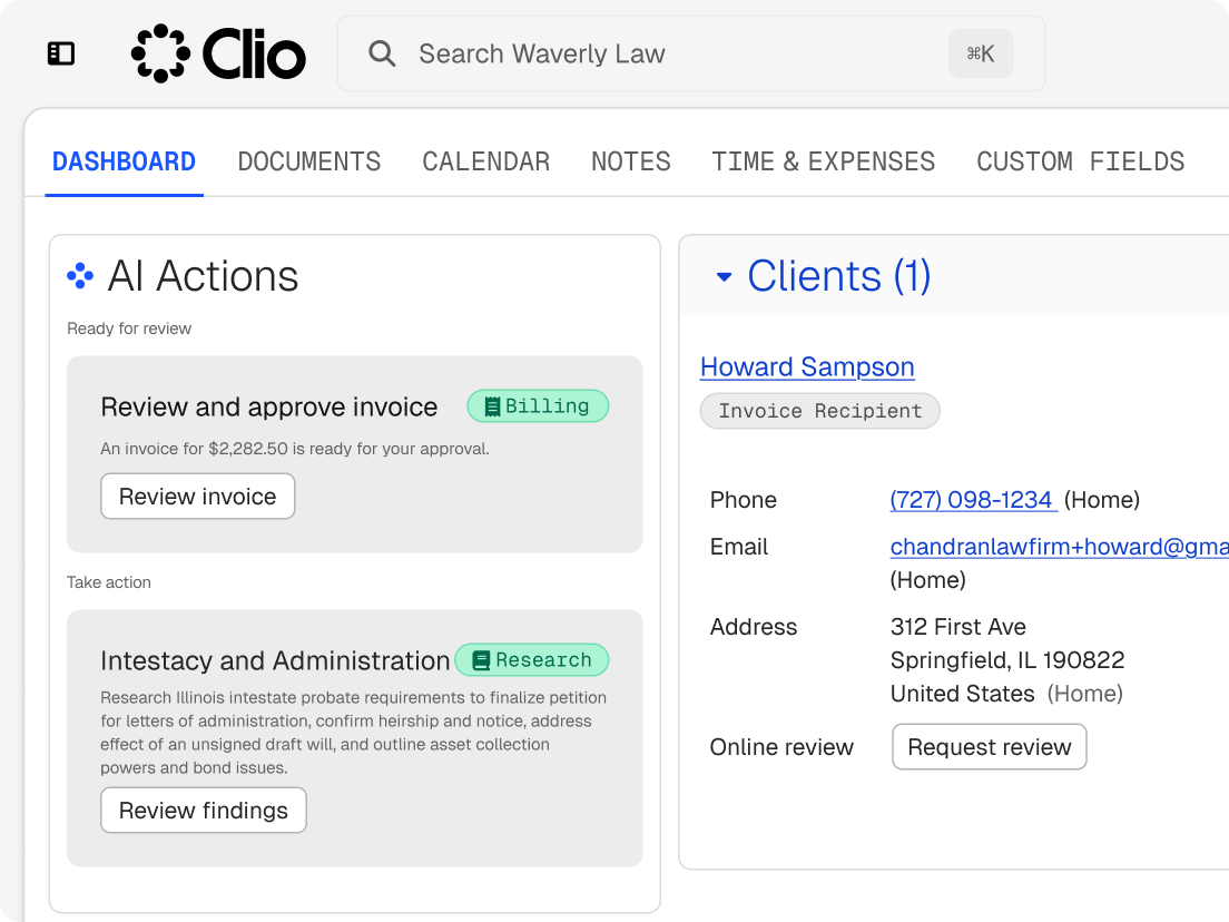 Clio legal software dashboard displaying AI actions for billing and research, alongside client contact details.