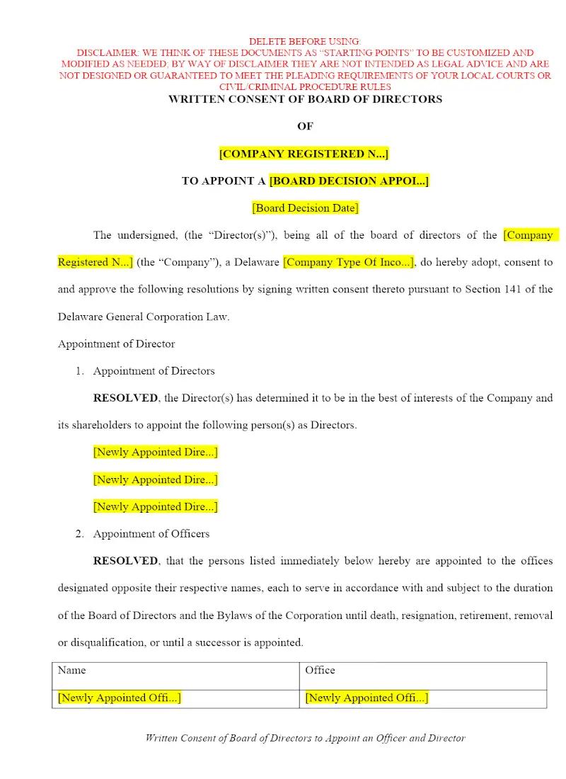 Written Consent of Board of Directors to Appoint an Officer and Director
