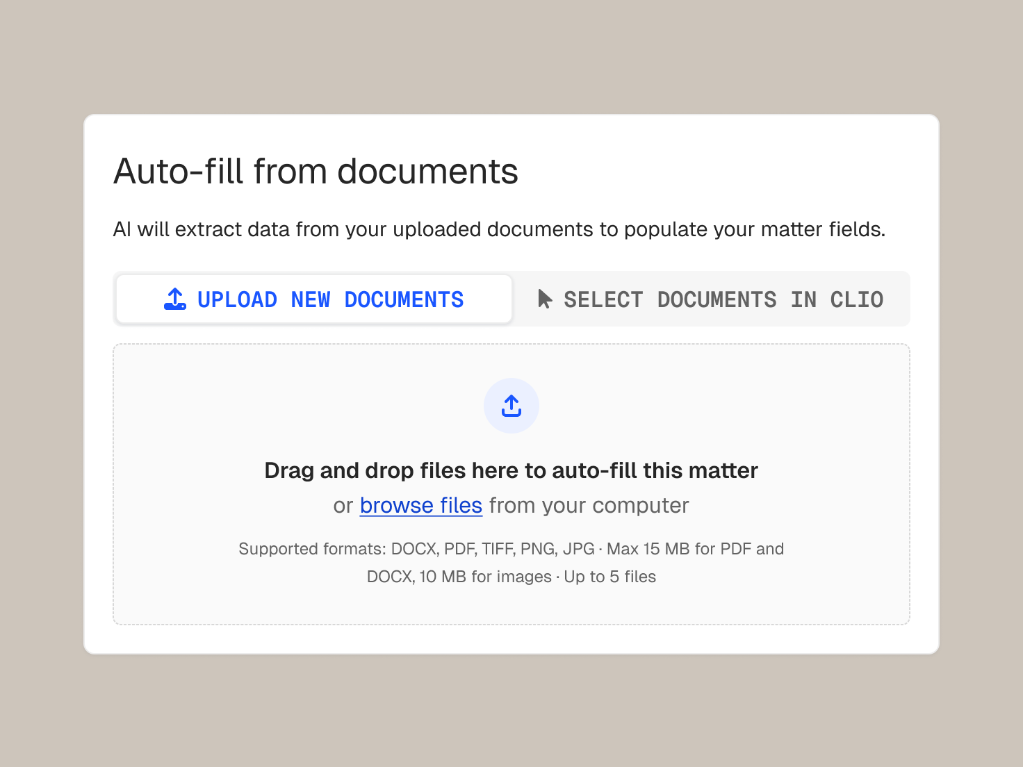 A dialog box titled "Auto-fill from documents," prompting users to upload files for AI data extraction.